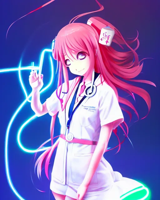 Prompt: anime style, vivid, expressive, full body, 4 k, painting, a cute magical girl with a long wavy hair wearing a nurse outfit, correct proportions, realistic light and shadow effects, neon lights, centered, simple background, studio ghibly makoto shinkai yuji yamaguchi