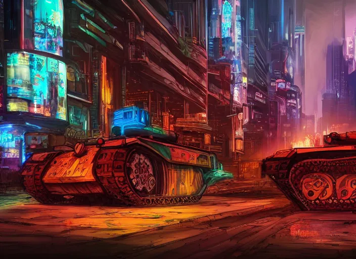 Image similar to A tank in a cyberpunk city, detailed, warm colours