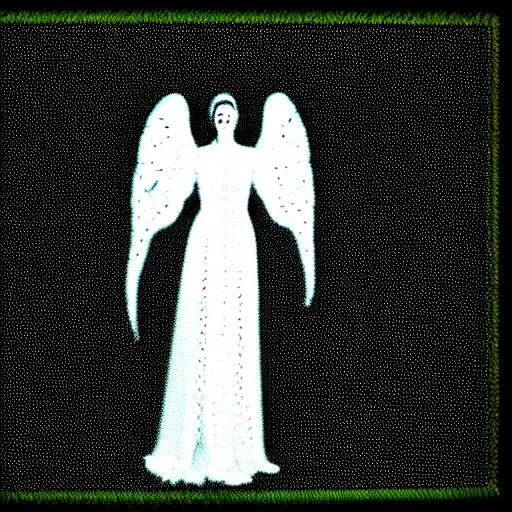 Image similar to vhs static overlay of angel apparition, vhs, 1 9 9 0, highly realistic, highly detailed, vhs noise static, black and white, vhs glitch