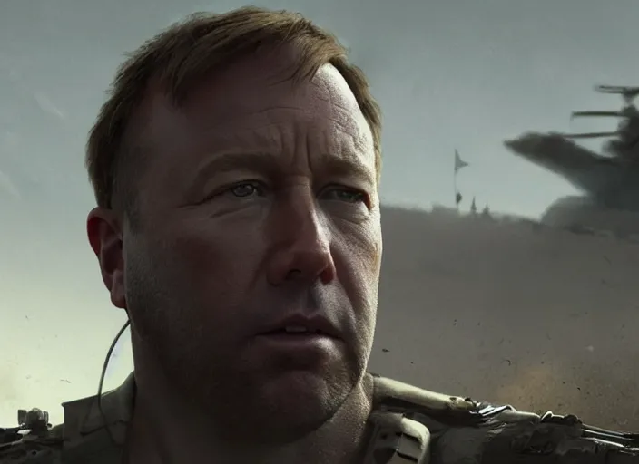 Image similar to close up cinematic artwork of Alex Jones staring down the enemy on the battlefield by Greg Rutkowski, 4k, masterpiece