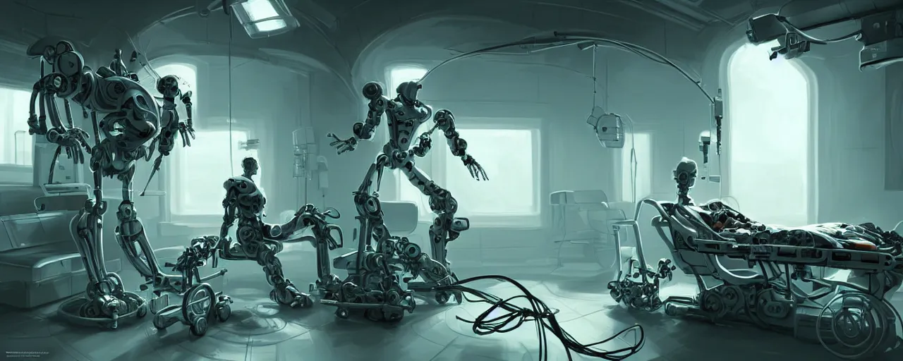 Image similar to an intricate concept art of a man in the hospital as experimental mechanical robot, concept art, style by dylan cole and tyler edlin art, hyper realistic, sci - fi, environment design, low - angle shot, unreal engine, epic lighting,