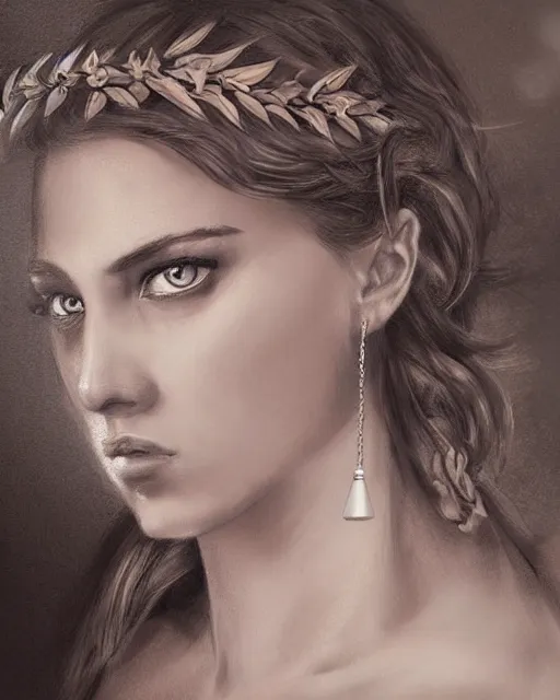 Prompt: realism tattoo sketch of anna jagodzinska as a beautiful greek goddess aphrodite with piercing eyes wearing a laurel wreath and triangle earrings, in the style of greg rutkowski, amazing detail