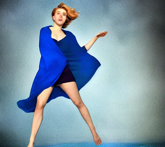 Prompt: beautiful astonishing scarlett johansson with beautiful body shape wearing a magic blue blanket and flying through the air, digital art