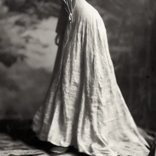 Image similar to Edwardian photograph of Elle Fanning, silk dress, 1910s, 1900s, 1920s, grainy, detailed, realistic