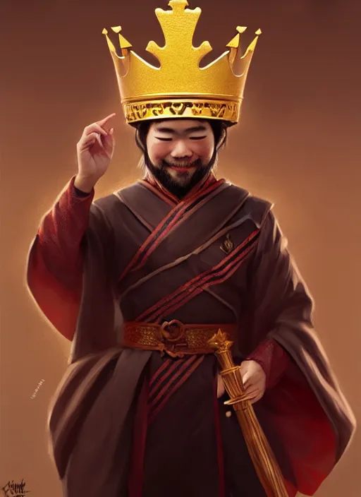 Image similar to gm hikaru nakamura dressed as a king, with a chess piece as a crown, artstation, extremely detailed artgerm, greg rutkowski