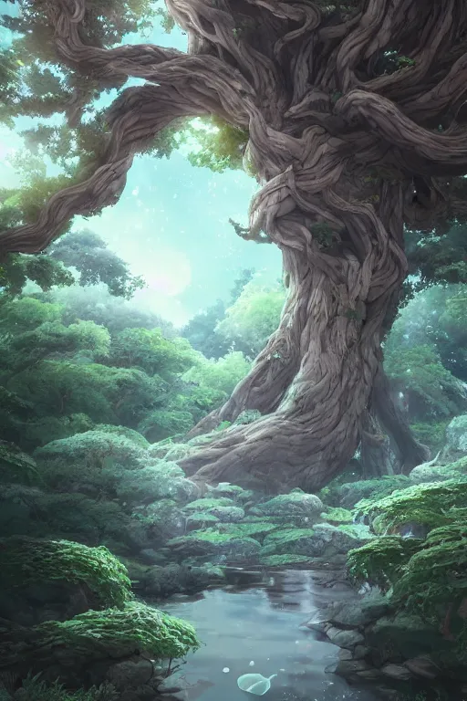 Image similar to ethereal river flowing through a giant ancient tree, serene evening atmosphere, soft lens, soft light, cel - shading, animation, in the style of cgsociety, deviantart, artstation, zbrush, cinema 4 d, studio ghibli, akihiko yoshida, atelier lulua, masamune shirow