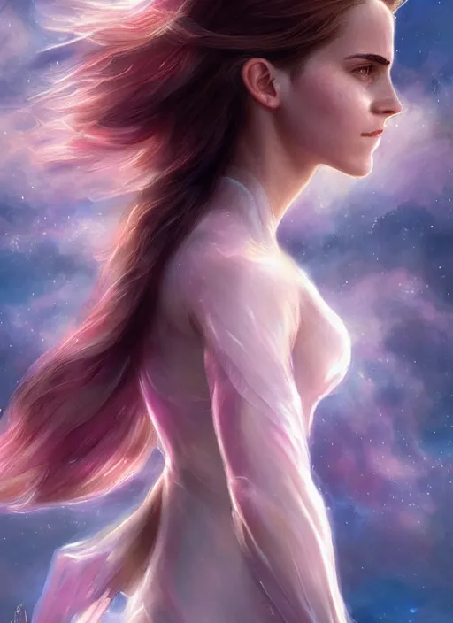 Image similar to emma watson as nature magic celestial, superman pose, long hair, soft pink and white transparent cloth, space, D&D, shiny background, intricate, elegant, highly detailed, digital painting, artstation, concept art, smooth, sharp focus, illustration, artgerm, bouguereau