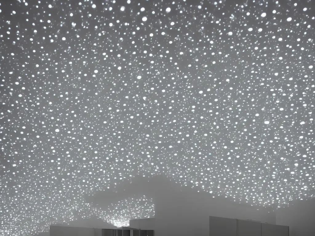 Image similar to Many silver mercury droplets floating, geometric, James Turrell, lighting, highly detailed, cinematic