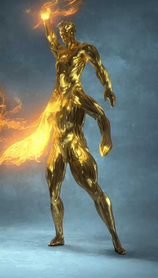 Image similar to a god made of golden fire, concept art, volumetric lighting