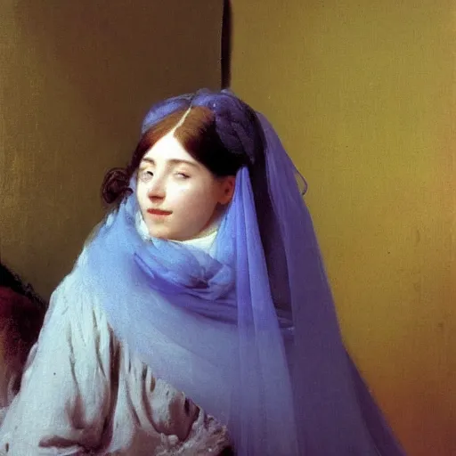 Prompt: a young woman’s face, her hair is white, she wears a long flowing blue satin veil, by ivan aivazovsky and pieter claesz and paul delaroche and alma tadema and august malmstrom and and willen claesz heda and aelbert cuyp and gerard ter borch and isaac levitan and jean giraud, fine detail, hyperrealistic, rendered in octane