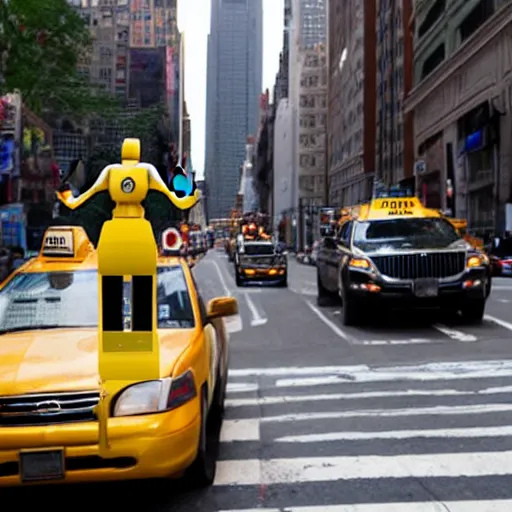 Prompt: female robot hailing a cab in new york