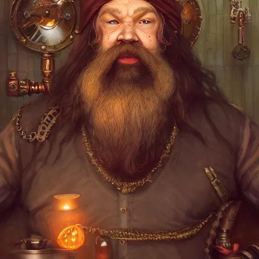 Image similar to Dwarven merchant with a long red flowing beard with Steampunk accessories, 4k oil on linen by wlop, artgerm, andrei riabovitchev, nuri iyem, james gurney, james jean, greg rutkowski, highly detailed, soft lighting 8k resolution