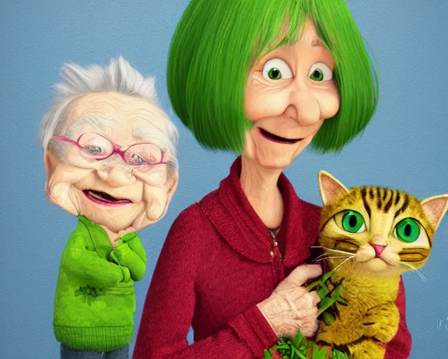 Image similar to detailed cartoon portrait of an old lady and her plant cat, pixar, sharp high quality