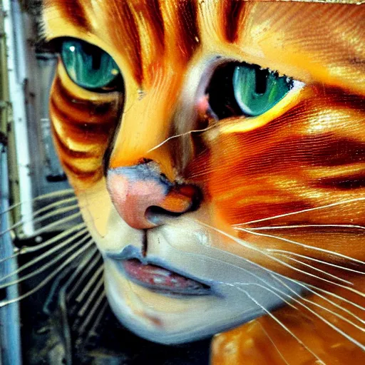 Prompt: close up of an orange tabby cat, front angle, by Lucian Freud and Jenny Saville and Anselm Kiefer, oil painting, rust, Scaffolding, rusted metal and sunflowers, iron cladding, decay, mixed media, textured, anatomically correct, beautiful perfect face, visible brushstrokes, sharp focus, Highly Detailed, Cinematic Lighting, 8k, HD