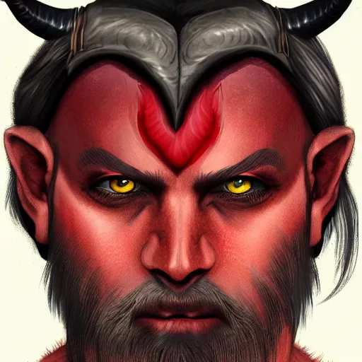 Image similar to dnd style portrait of a tiefling, male, red scales, red skin, a big black beard, completely golden eyes, 2 black ram horns growing out of his forehead,