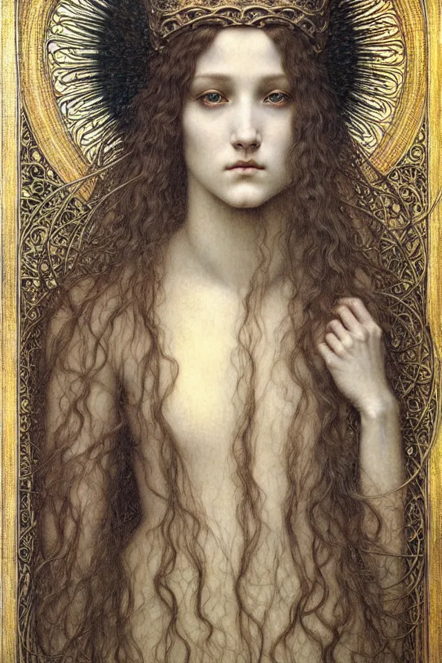 Image similar to detailed realistic beautiful young medieval queen face portrait by jean delville, gustave dore and marco mazzoni, art nouveau, symbolist, visionary, gothic, pre - raphaelite. horizontal symmetry