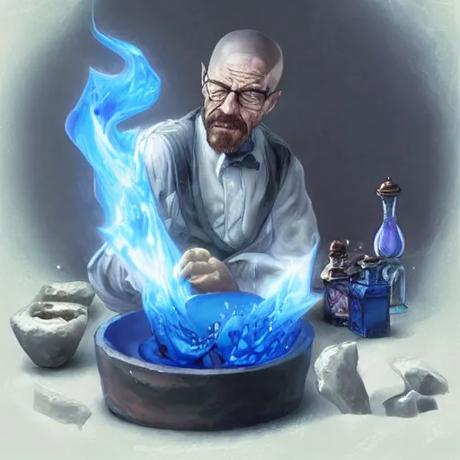 Image similar to Walter White The Alchemist of The Blue Flame Creating the most pure potion, Fantasy Illustration by Tony Sart, Trending on artstation