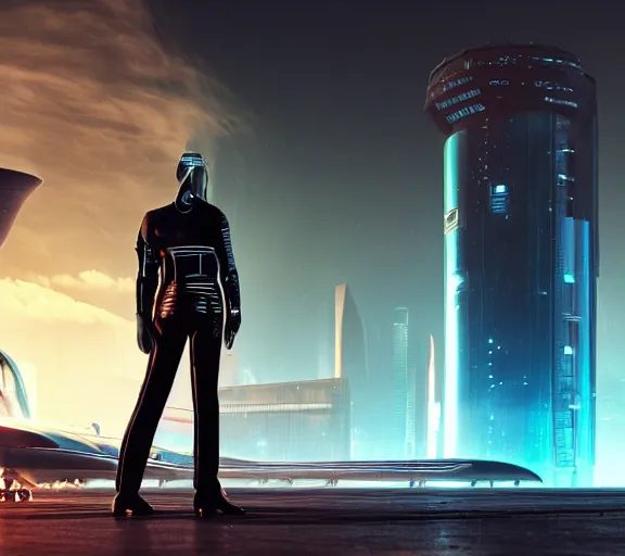 Prompt: man stands beside futuristic sci fi jet landed at runway of cyberpunk city, night photo ,dark cinematic lighting , digital concept art