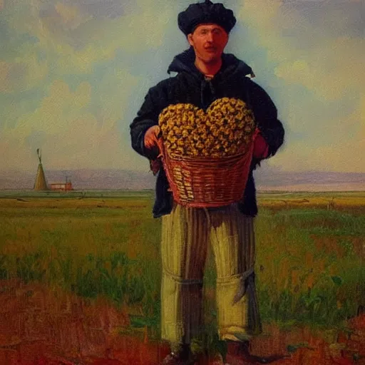 Prompt: a beautiful painting of a russian instagram heart farmer. in his arm he has a basket full of hearts. in style of ilya repin, trending on artstation