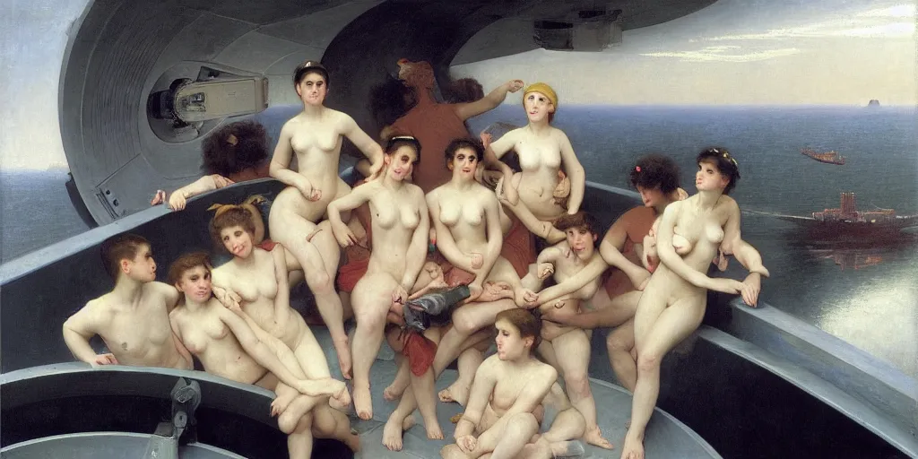 Prompt: masterpiece realist painting of the crew aboard the starship USS Enterprise, ship's bridge, by William-Adolphe Bouguereau and Jules Bastien-Lepage