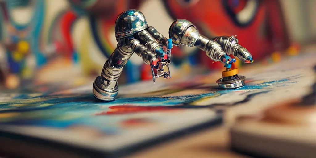 Image similar to closeup portrait of tin toy retro robot painter mixing gouache on white paper table in an artist workshop, depth of field, zeiss lens, detailed, centered, fashion photoshoot, by nicoletta ceccoli, mark ryden, lostfish, breathtaking, 8 k resolution, extremely detailed, beautiful, establishing shot, artistic, hyperrealistic, octane render