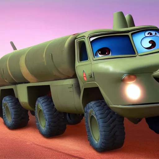 Image similar to HIMARS with missile, Pixar, Cars cartoon, detailed