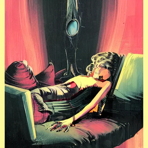 Image similar to female android relaxing on sofa, dark, elegant, cover artwork by philippe caza and Jenny seville, midnight hour, part by francis bacon + adrian ghenie, part by jeffrey smith, part by josan gonzales, part by norman rockwell, part by phil hale, part by kim dorland, rich deep color scheme, artstation, detailed illustration