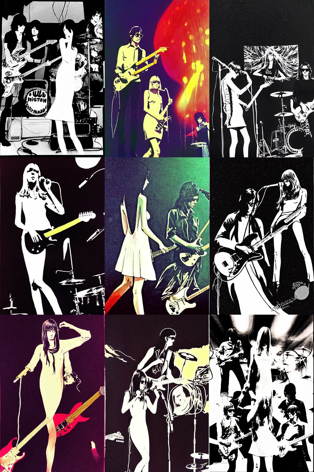 Prompt: the velvet underground playing live on stage in san francisco at a night club in 1 9 6 9, nico wearing a white dress, beautiful stage decoration in the background, art by katsuhiro otomo, very detailed and colorful, moody, relaxed, stoned, trending on artstation
