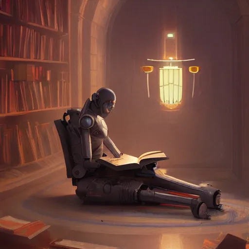 Image similar to a robot reading a book, highly detailed, digital painting, artstation, concept art, sharp focus, illustration, art by eddie mendoza and greg rutkowski and alphonse mucha