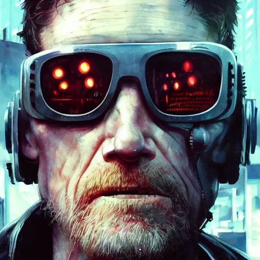 Image similar to closeup portrait of william dafoe, cyberpunk, shaggy ex military guy, city background, dramatic light, gorgeous view, depth, high detail, digital art, painted by greg rutkowski and seb mckinnon, neuromancer, trending on artstation