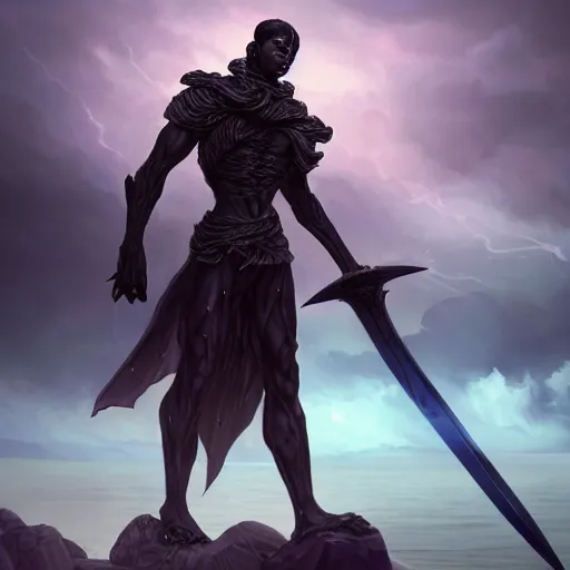 Prompt: A powerful handsome broad shouldered necromancer of jet black skin holding an exquisite sword standing at a distance. He gazes by the stormy sea and oozes extreme power and magic. Whole scene is powerful and magical and stunning to watch. Aesthetic!!!!!!, Unreal engine, 8k, trending on artstation, sharp focus, highly detailed, concept art, ultra HD, intricate, elegant,