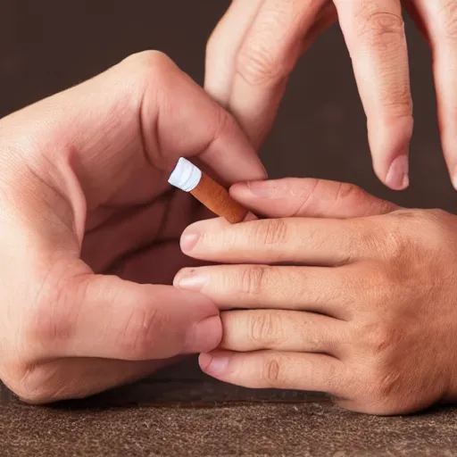 Image similar to a normal male hand with a five-finger ring and a cigarette between the middle and index fingers