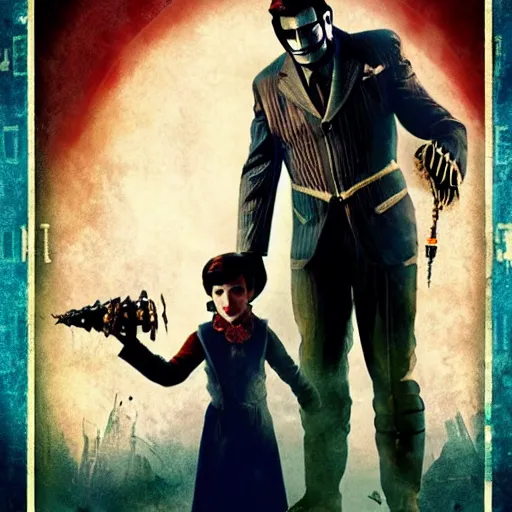 Image similar to movie poster for a live action bioshock movie featuring a big daddy and little sister with the underwater city of rapture in the background