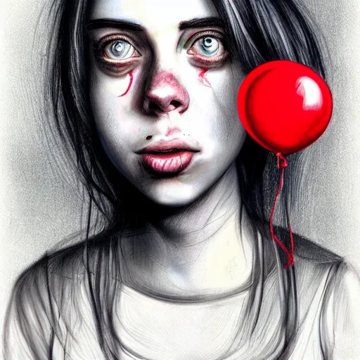 Prompt: surrealism grunge cartoon portrait sketch of billie eilish with a wide smile and a red balloon by - michael karcz, loony toons style, homer simpson style, horror theme, detailed, elegant, intricate