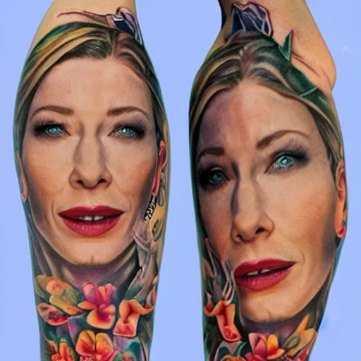 Image similar to full body tattooed cate blanchett,latino, highly detailed, photorealistic, 4k