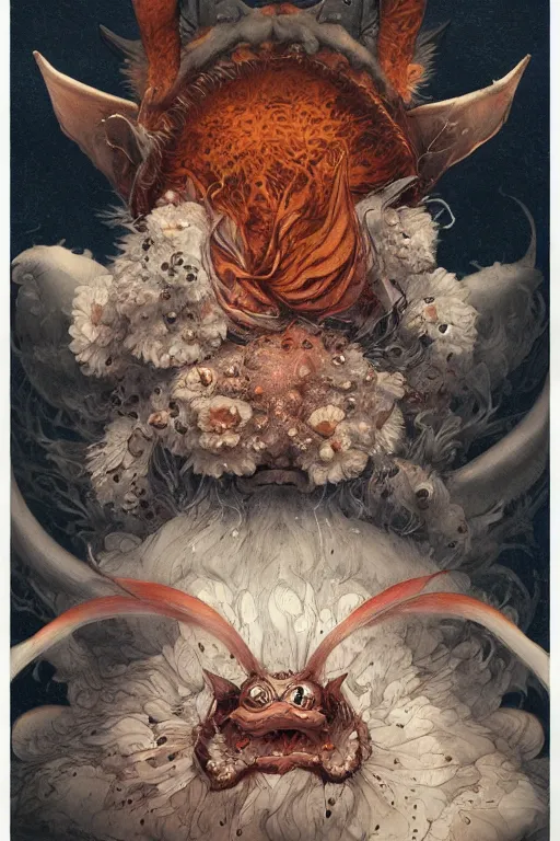 Image similar to a japanese devil animal illustrated by miyazaki by karol bak, james jean, tom bagshaw, rococo, sharp focus, trending on artstation, cinematic lighting, hyper realism, octane render, 8 k, hyper detailed, vivid, ultra detailed, highly detailed