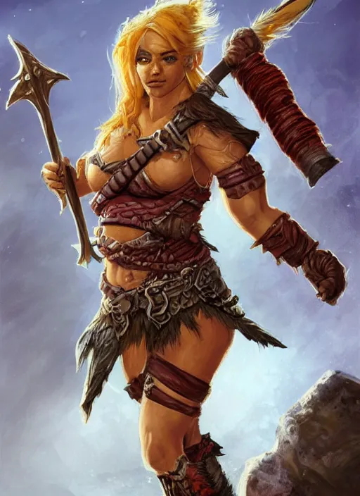 Prompt: midget female barbarian, ultra detailed fantasy, dndbeyond, bright, colourful, realistic, dnd character portrait, full body, pathfinder, pinterest, art by ralph horsley, dnd, rpg, lotr game design fanart by concept art, behance hd, artstation, deviantart, hdr render in unreal engine 5