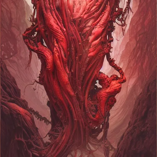 Prompt: Red coloured plants made of flesh growing in a rocky crevice, inspired by HR giger and Lovecraft, veins, dim red light, intricate, highly detailed, digital painting, artstation, concept art, sharp focus, illustration, art by greg rutkowski and alphonse mucha