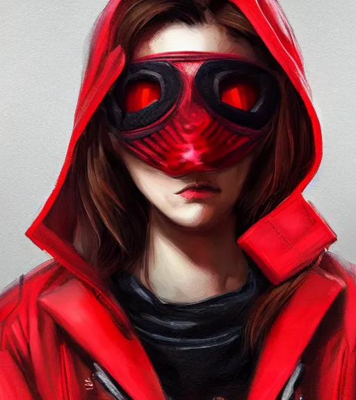 Prompt: a girl wearing a red jacket, punk mask, highly detailed, digital painting, artstation, concept art, smooth, sharp focus, illustration