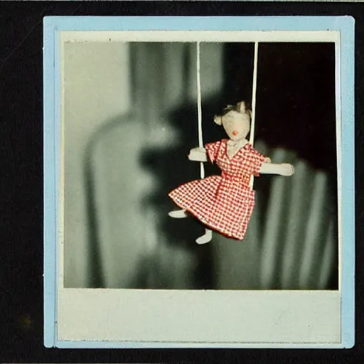 Image similar to 1 9 5 0 s children toys on strings leaping towards you, scary, fear, horror, thriller, jump scare, pov, polaroid,