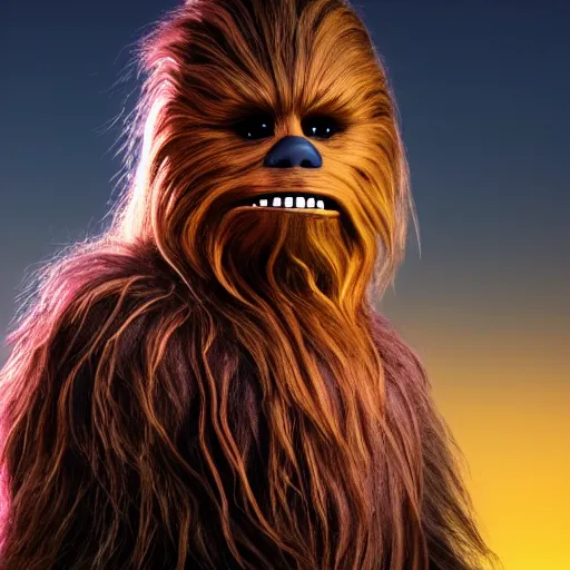 Image similar to a still of Chewbacca, studio lighting, 4K. Shallow depth of field. City at night in background, lights, colors.