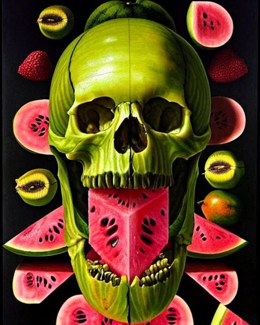 Image similar to interdimensional human watermelon skull being made out of fruits, ethereal still life renaissance painting by giuseppe arcimboldo and alex grey