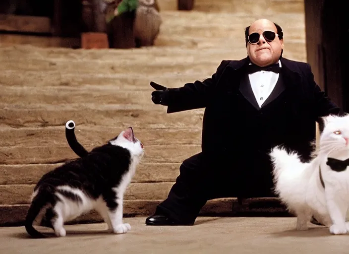 Image similar to film still of Danny Devito as Mr Mistoffelees in Cats, 4k