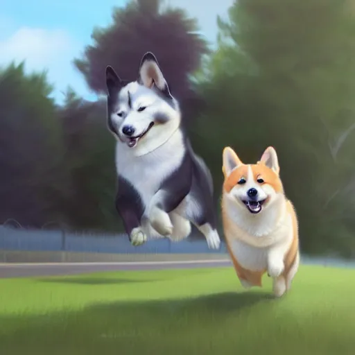 Prompt: Akita Inu and a Corgi running in Montreal, art by Artgerm, artstation