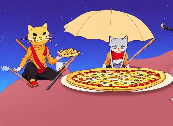 Image similar to cat samurai eating pizza together in the desert underneath an umbrella made of cheese, digital painting masterpiece, by ryan ottley and mœbius and hayao miyazaki and akira toriyama, 4 k wallpaper trending on pixiv