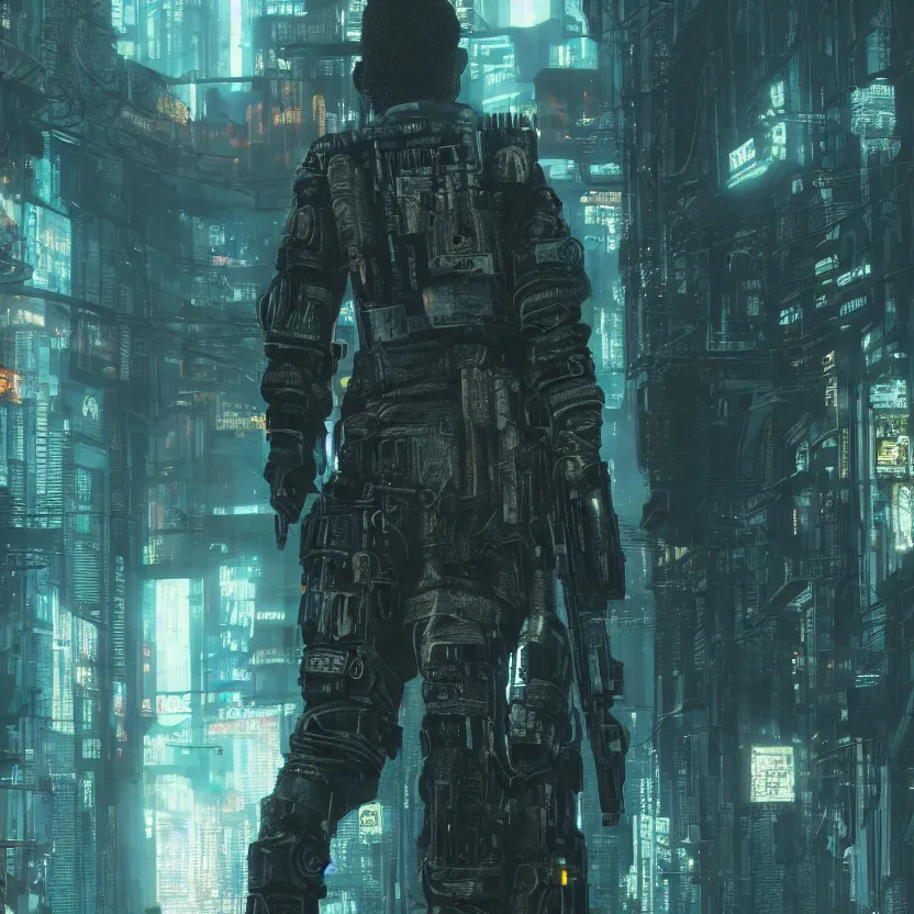 Prompt: closeup portrait of a beautiful guard dystopian cyberpunk seen from the back ultra realistic 4K