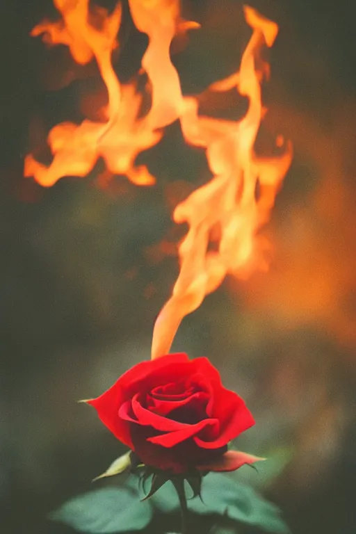 Image similar to Photo of A red rose on fire, highly detailed, depth of field, fine art photography, Cinestill 800t, wide shot, photo print, best selling.