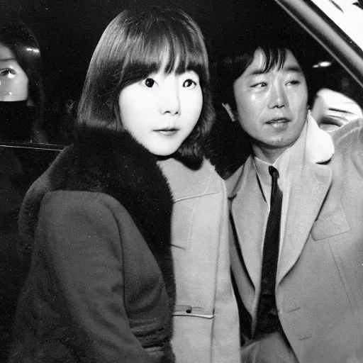 Image similar to 1960s press archive of the actress Choi Eun-Hee and director Shin Sang-ok coming out of a car, faces obscured, Reuters, 35mm film, film grain, mysterious exterior, underexposed