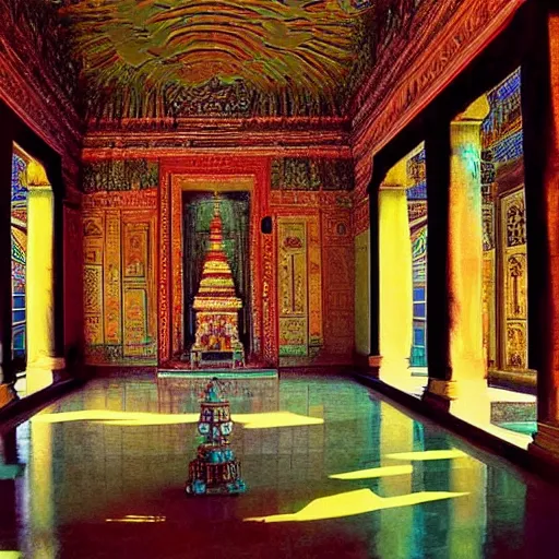 Prompt: inside a majestic, highly detailed beautiful very tall temple by raghu rai, light rays, rayleigh scattering