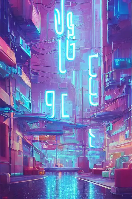 Prompt: water pouring neon signs, trending on artstation a surrealism painting by felix kelly depicting an abandoned city by tyler edlin and rhads, trending on deviantart artstation, behance cyberpunk city topography